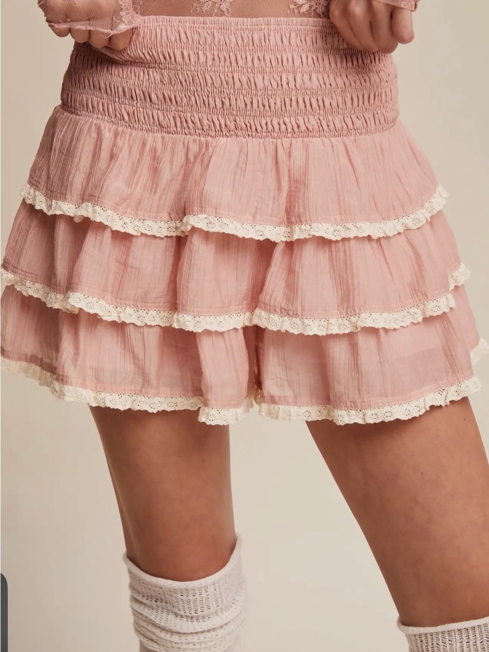 Tiered Pink Lace-Trim Mini Skort blush pink